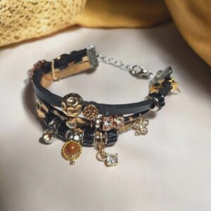 Leren armband zwart goud luipaard print
